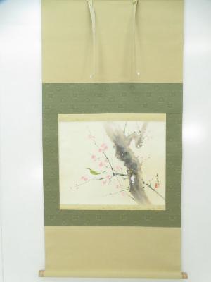 【書画】　日本画　中谷文魚筆　『尺八横』　梅に鶯図　肉筆紙本掛軸（共箱）